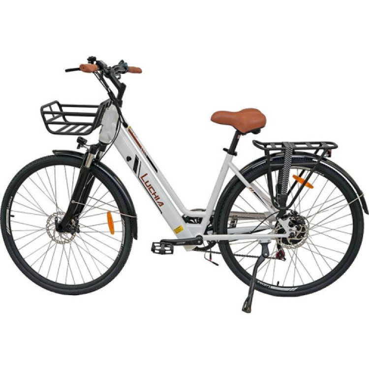 Bicicleta eléctrica urbana Antares blanca 700C con marco de acero y frenos de disco